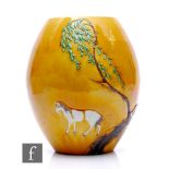 A Chinese Sancai glazed ovoid form vase, relief moulded with horse before a willow tree, before a