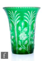 An early 20th Century Stevens & Williams green cased and flash cut vase of flared tumbler form,