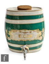 A 19th Century Staffordshire pottery gin barrel 'E.GIN' within a gilt cartouche, green banded