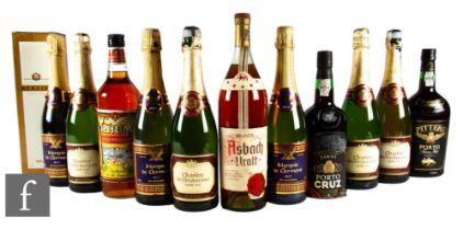 A collection of wines and spirits, to include a bottle of Ashbach Uralt brandy, two bottles of Tawny