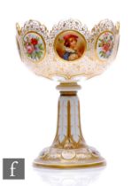 A large 19th Century Bohemian chalice in the manner of Moser, the cup shaped bowl with scalloped rim