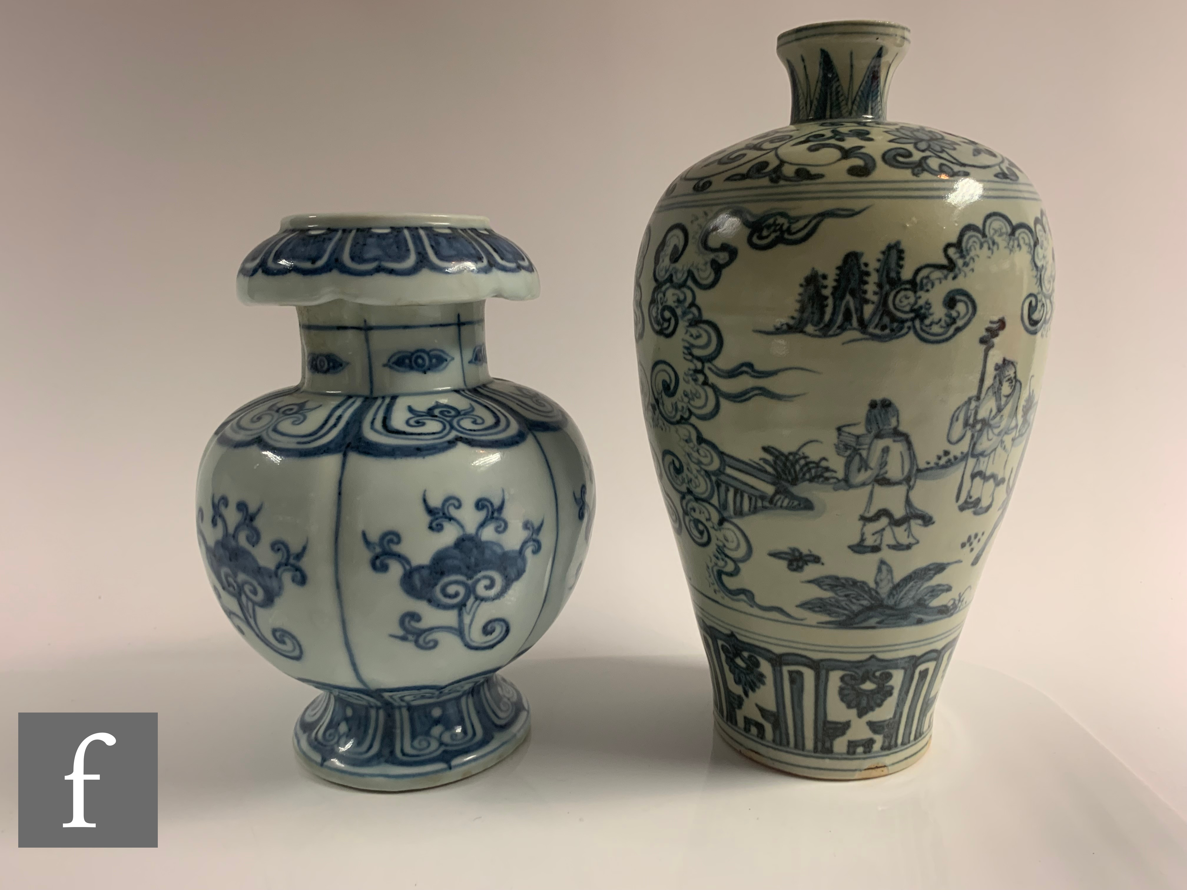 Two Chinese blue and white vases, one of pedestal form with segmented panels, detailed with lotus - Image 2 of 9