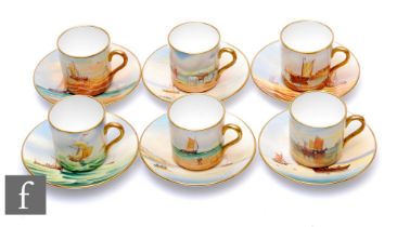 A set of six Leighton Maybury porcelain coffee cans and saucers, each hand painted with scenic views