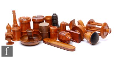 A 19th Century collection of Mauchline ware, to include sewing clamps, shakers etc. (qty)