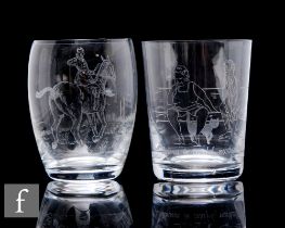 A Stourbridge clear crystal swollen tumbler with later engraved hunting scene, height 10cm, together