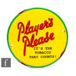 A circular enamel advertising sign, 'Player's Please, it's the tobacco that counts' on a yellow