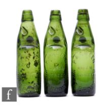 Three Codd bottles, dark green, by P A Green, Queen Street, West Bromwich, all cracked. (3)