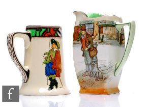 A 1930s Royal Doulton Dickens Series Ware jug of swollen square section with angular handle,