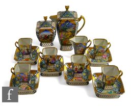 A Herend porcelain coffee service comprising coffee pot, covered sugar, cream jug, six pedestal cups