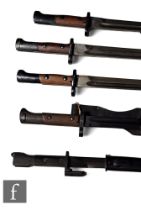 Three German Mauser bayonets and scabbards, a similar Czech bayonet and scabbard with leather