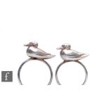 Two hallmarked silver rings each with a study of a duck, ring size P and L, London 1979 and 1978