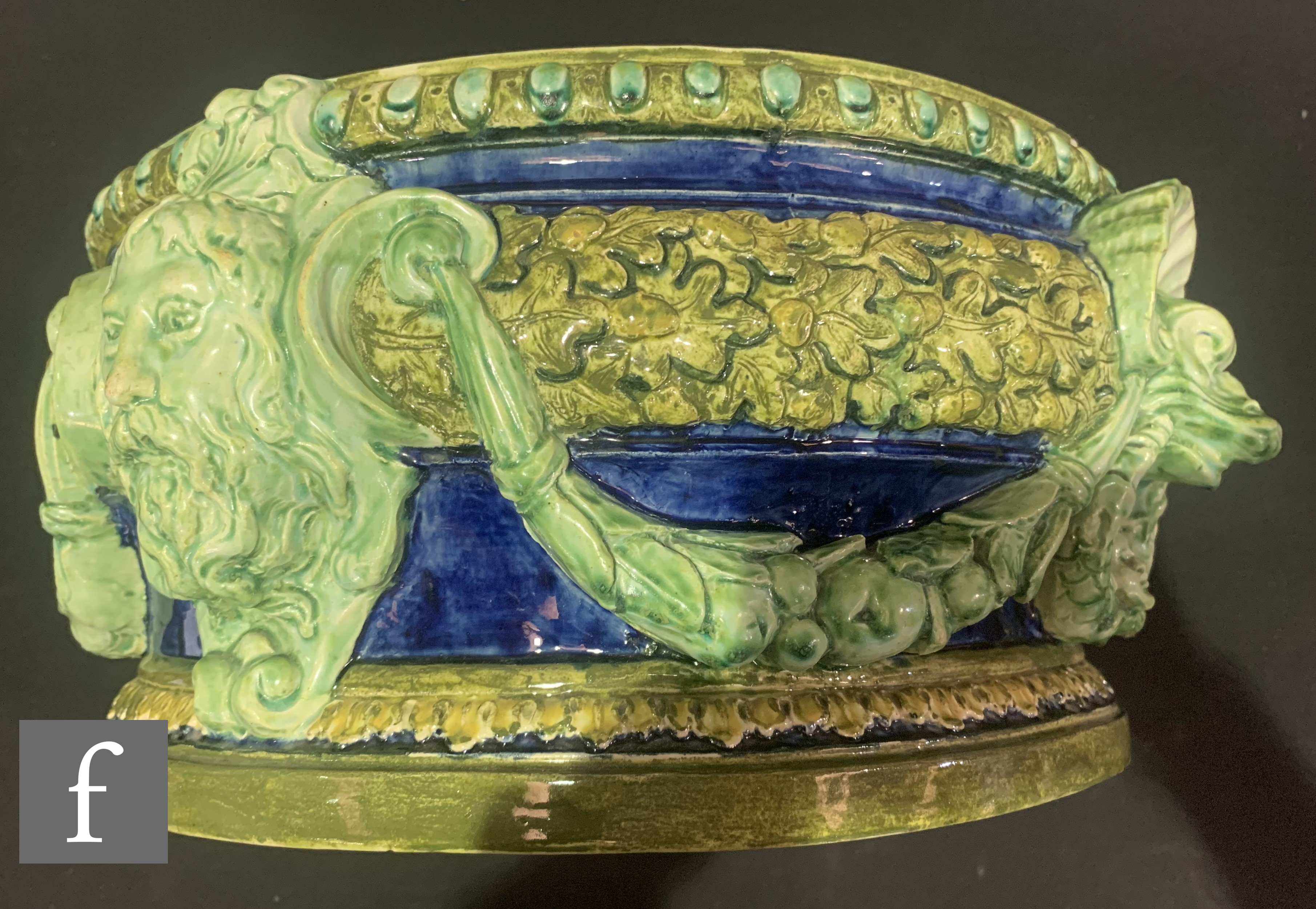 A late 19th Century Della Robbia of Birkenhead pottery jardinière, the footed circular body, heavily - Image 3 of 8