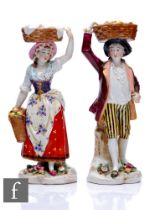 A pair of early 20th Century German hard paste porcelain figures by Sitzendorf, each modelled as