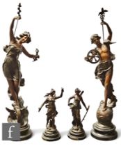 A large pair of late 19th Century spelter figures titled Le Commerce, one a classical male holding a