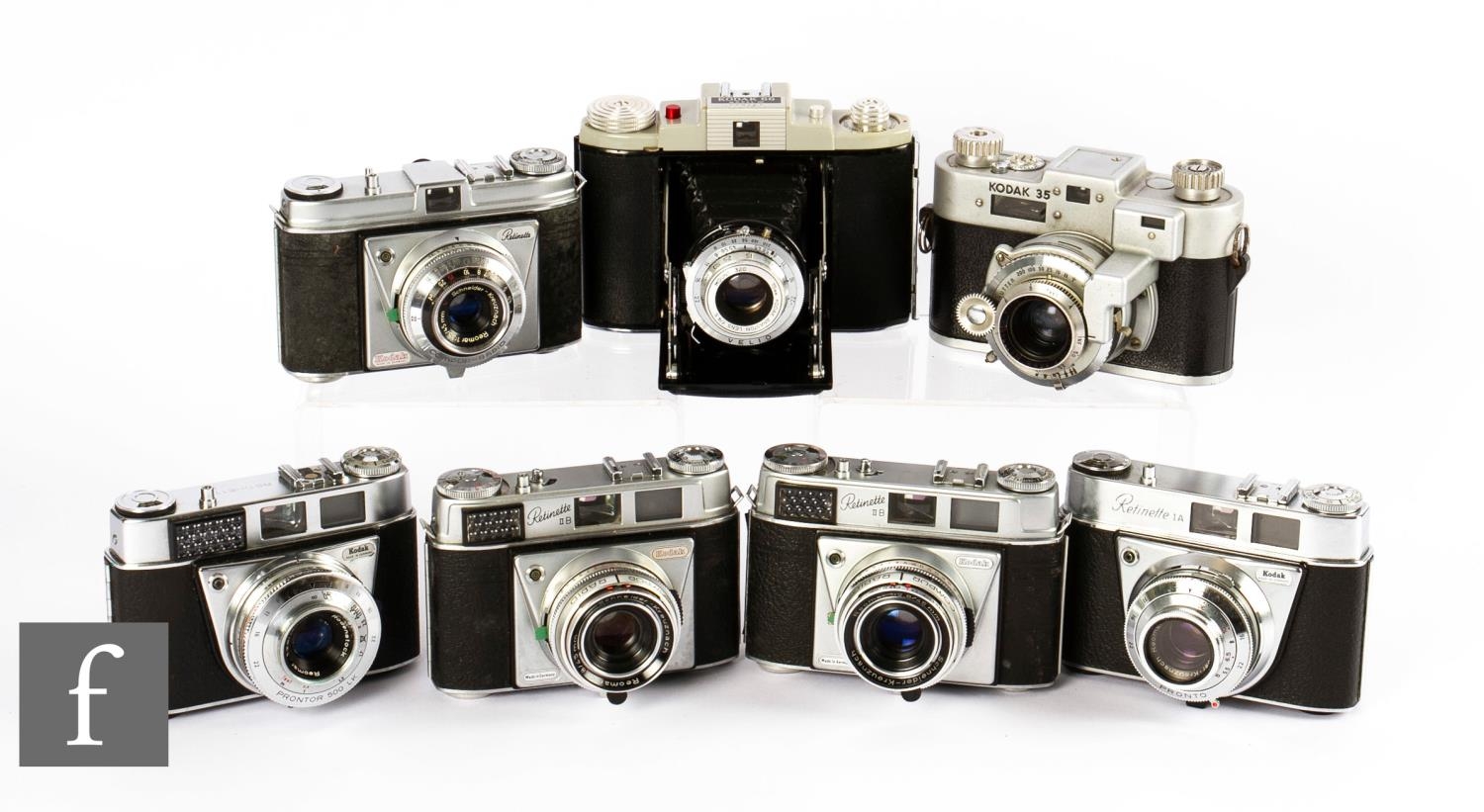 A collection of Kodak 35mm rangefinder cameras, to include Kodak 35, Retinette 1A, two Retinette