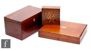 A small Tunbridge ware parquetry inlaid box, a fitted work box and a knife box with no contents. (3)