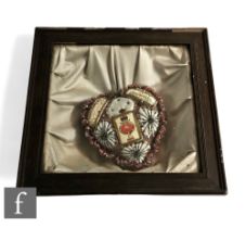A mid 20th Century sweethearts pin cushion 'True Love, Kings Regt', width 18cm, mounted in a