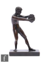A small 19th Century bronze figure of a discus thrower, on rectangular base, height 14cm.