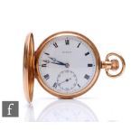 A 9ct hallmarked crown wind, full hunter Buren pocket watch, Roman numerals to a white enamelled