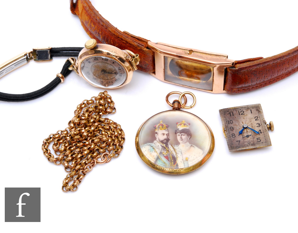 Two 9ct hallmarked manual wind wrist watches, a Tudor watch box and a gold plated open locket and