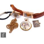 Two 9ct hallmarked manual wind wrist watches, a Tudor watch box and a gold plated open locket and