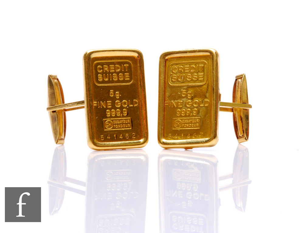 Two 24ct 5g Credit Suisse ingots each mounted to an 18ct cufflink mount, total weight 21g.