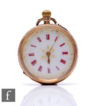 A 14ct open faced crown wind fob watch, Roman numerals to a white enamelled dial, case diameter