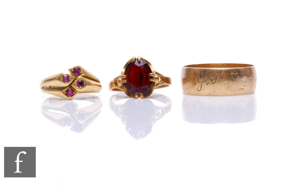 Two 9ct hallmarked rings, a wedding and a garnet single stone, with an unmarked ruby four stone