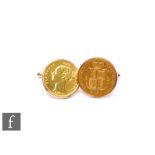 A pair of 9ct loose mounted Victorian shield back half sovereign cufflinks, coins dated 1878 and