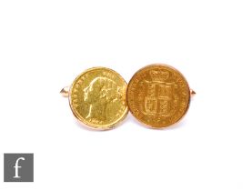 A pair of 9ct loose mounted Victorian shield back half sovereign cufflinks, coins dated 1878 and