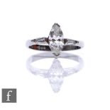 A platinum diamond solitaire ring, marquise claw set stone, weight approximately 0.85ct, colour I/J,