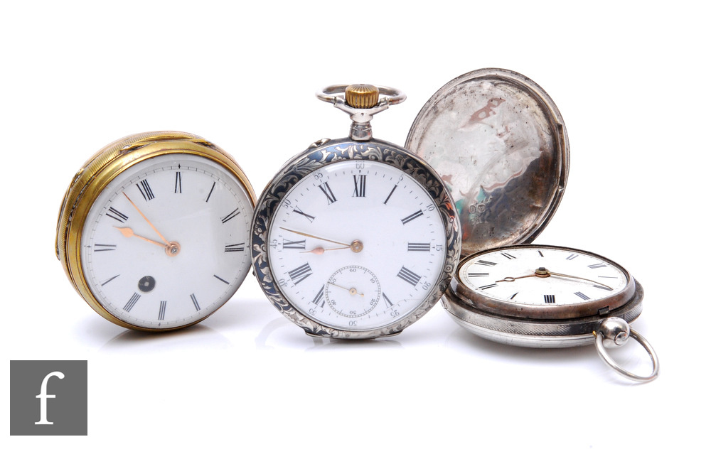 A brass verge pocket watch, Roman numerals to a white enamelled dial, with a neillo work continental