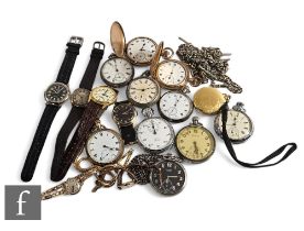 A parcel lot of assorted wrist and pocket watches to include silver open faced a 9ct lady's Mulco