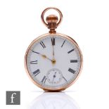 A 10ct open faced crown wind American Watch Co pocket watch, Roman numerals to a white enamelled