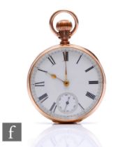 A 10ct open faced crown wind American Watch Co pocket watch, Roman numerals to a white enamelled