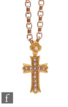 A 9ct belcher link chain with a seed pearl set cross suspended, total weight 11.5g, terminating in