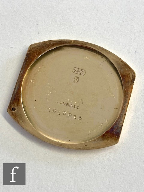 A 1940s 14ct Longines manual wind wrist watch, open Arabic numerals to a cushioned rectangular dial, - Image 3 of 7