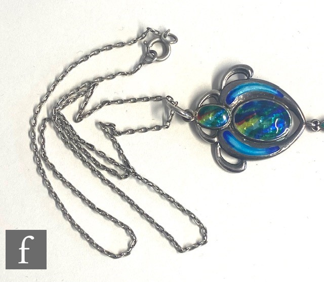 A hallmarked silver Art Nouveau pendant with blue/green and yellow enamel decoration, suspended from - Image 3 of 3