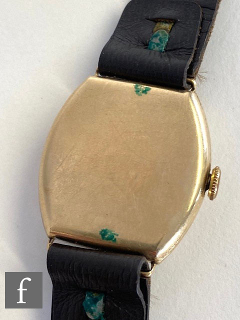 A 1940s 14ct Longines manual wind wrist watch, open Arabic numerals to a cushioned rectangular dial, - Image 4 of 7