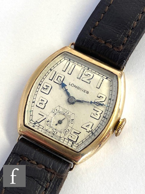 A 1940s 14ct Longines manual wind wrist watch, open Arabic numerals to a cushioned rectangular dial, - Image 7 of 7