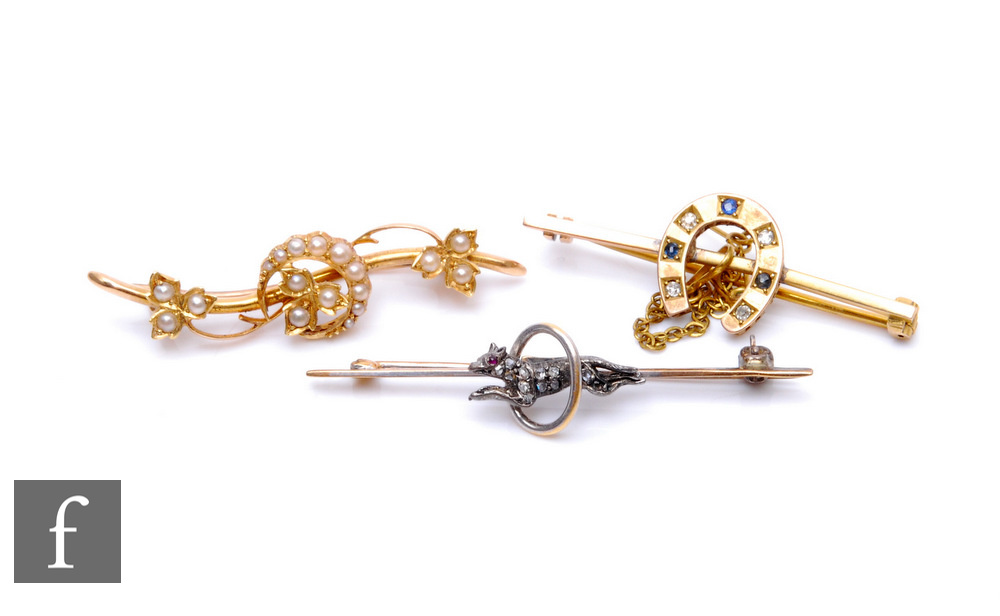 Three 19th Century stone set gold bar brooches to include diamond and seed pearl examples, total