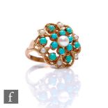 A modern 9ct hallmarked turquoise and seed pearl set cluster ring, weight 6.5g, ring size N.