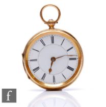 An 18ct hallmarked open faced key wind pocket watch, Roman numerals to a white enamelled dial,
