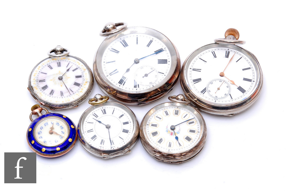 Six assorted continental silver open faced pocket and fob watches to included crown wind and