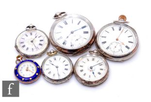 Six assorted continental silver open faced pocket and fob watches to included crown wind and