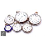 Six assorted continental silver open faced pocket and fob watches to included crown wind and