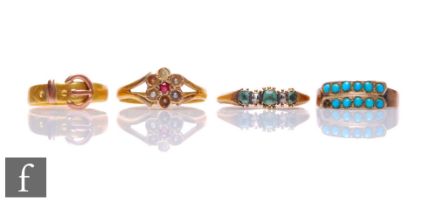 Two 22ct hallmarked rings, a seed pearl and ruby cluster and a buckle example, total weight 3.4g,