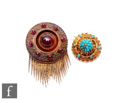 A 19th Century 9ct gold, turquoise and diamond circular brooch, with a similar silver gilt foil