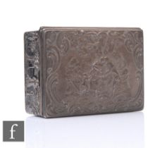 A hallmarked silver rectangular trinket box with embossed decoration of a family and figures in a