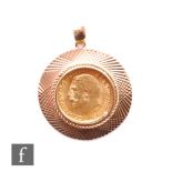 A George V full sovereign dated 1912, loose to a 9ct pendant mount, total weight 12g.